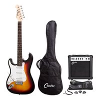 CASINO Left Hand 6 String Strat Style Electric Guitar Pack in Sunburst with a 15 Watt Amplifier