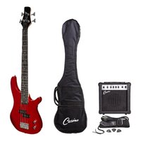 CASINO 24 SERIES 4 String Short Scale Tune-Style Electric Bass Guitar Pack in Transparent Wine Red with a 15 Watt Amplifier