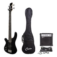 CASINO 24 SERIES Left Hand 4 String Short Scale Tune Style Electric Bass Guitar Pack in Black with a 15 Watt Amplifier