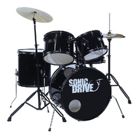 SONIC DRIVE SDP-BK12-BLK 5 Piece Rock Drum Kit with 22 Inch Bass Drum in Black with Matte Black Hardware 