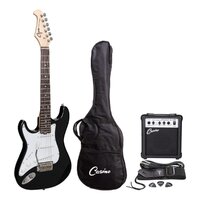 CASINO Left Handed 6 String Strat-Style Short Scale Electric Guitar Pack in Black with a 10 Watt Amplifier
