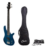 CASINO 24 SERIES 4 String Short Scale-Tune Style Electric Bass Guitar Bag/Strap/Cable and Picks Set in Transparent Blue