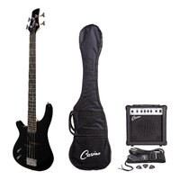 CASINO 24 SERIES Left Handed 4 String Tune-Style Electric Bass Guitar Pack in Black with a 15 Watt Amplifier