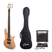 CASINO 24 SERIES 4 String Mahogany Tune Style Electric Bass Guitar Pack in Natural Satin with a 15 Watt Amplifier