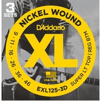 DADDARIO EXL125-3D Electric Guitar String Set 09-46 Nickel Wound Super Light Top Regular Bottom 3 Pack
