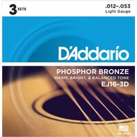 DADDARIO EJ16-3D Acoustic Guitar String Set 12-53 Phosphor Bronze Light 3 Pack