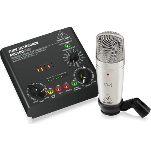 BEHRINGER MIC500USB VOICE STUDIO RECORDING BUNDLE Studio Condenser Mic, Tube Preamplifier with 16 Preamp Voicings and USB/Audio Interface