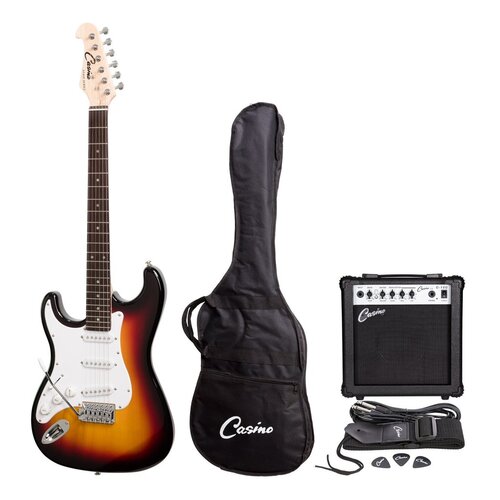 CASINO Left Hand 6 String Strat Style Electric Guitar Pack in Sunburst with a 15 Watt Amplifier