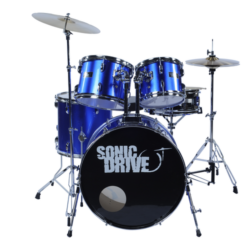 SONIC DRIVE SDP-0-MBL 5 Piece Rock Drum Kit with 22 Inch Bass Drum in Metallic Blue with Chrome Hardware