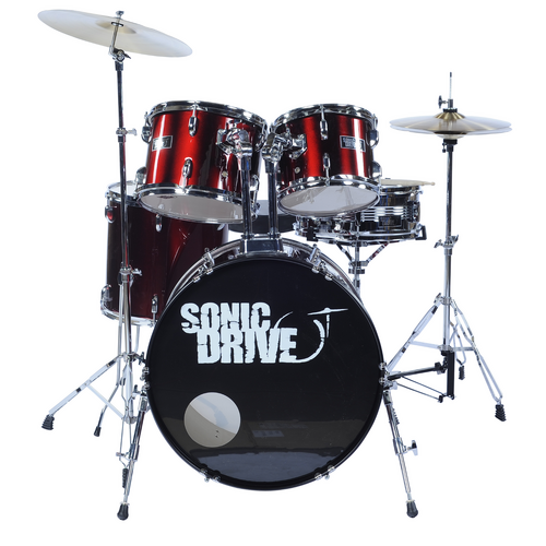 SONIC DRIVE SDP-0-MWR 5 Piece Rock Drum Kit with 22 Inch Bass Drum in Metallic Red with Chrome Hardware