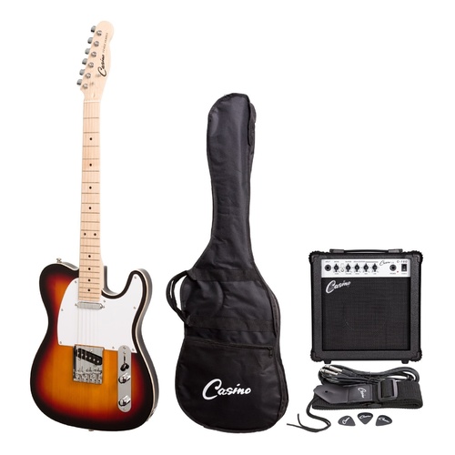 CASINO 6 String Tele-Style Electric Guitar Pack in Tobacco Sunburst with a 15 Watt Amplifier