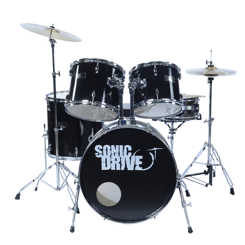 SONIC DRIVE SDP-0-BLK 5 Piece Rock Drum Kit with 22 Inch Bass Drum in Black with Chrome Hardware