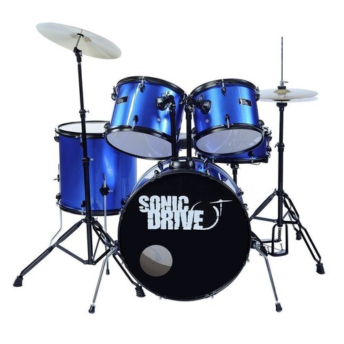SONIC DRIVE SDP-BK12-MBL 5 Piece Rock Drum Kit with 22 Inch Bass Drum in Metallic Blue with Matte Black Hardware