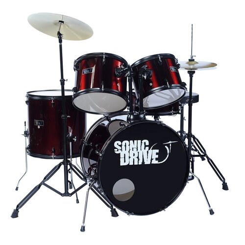 SONIC DRIVE SDP-BK12-MWR 5 Piece Rock Drum Kit with 22 inch Bass Drum in Metallic Wine Red