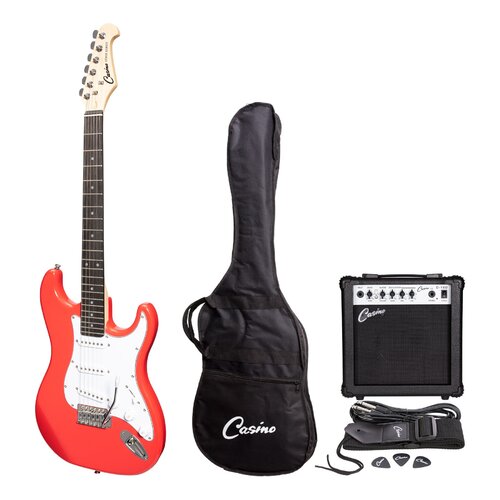 CASINO 6 String Strat Style Electric Guitar Pack in Hot Lips Pink with a 10 Watt Amplifier