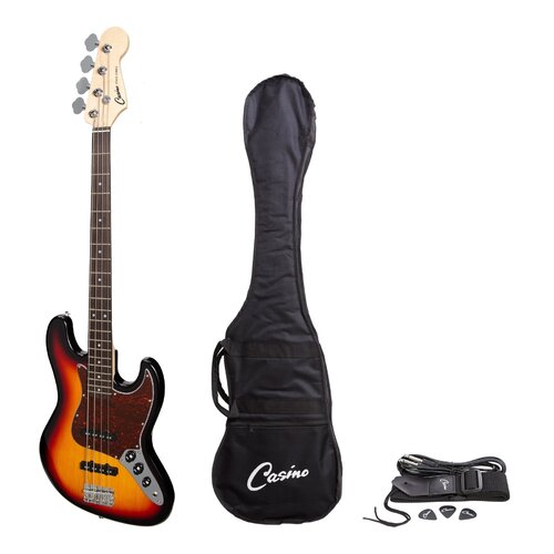 CASINO 4 String Jazz Style Bass Guitar with Bag/Strap/Cable and Picks Set in Tobacco Sunburst