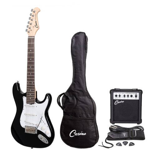 CASINO 6 String Strat-Style Short Scale Electric Guitar in Black with a 10 Watt Amplifier
