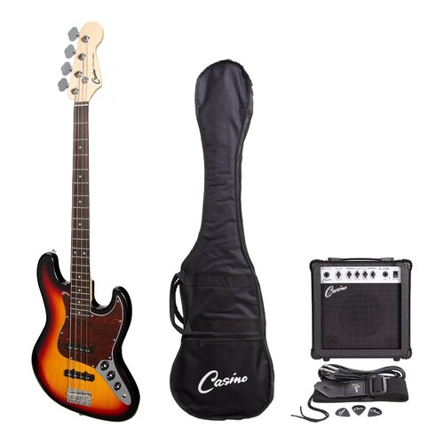 CASINO 4 String Jazz Style Bass Guitar Pack in Tobacco Sunburst with a 15 Watt Amplifier