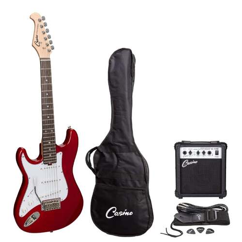CASINO Left Hand 6 String Strat Style Short Scale Electric Guitar Pack in Transparent Wine Red with a 10 Watt Amplifier