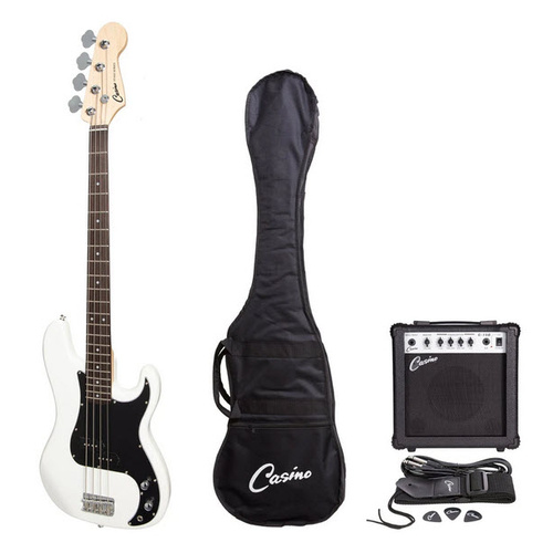 CASINO 4 String Precision Style Bass Guitar Pack in White with a 15 Watt Amplifier