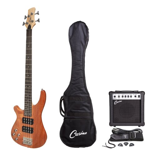 CASINO 24 SERIES Left Handed 4 String Mahogany Tune-Style Electric Bass Guitar Pack in Natural Gloss with a 15 Watt Amplifier