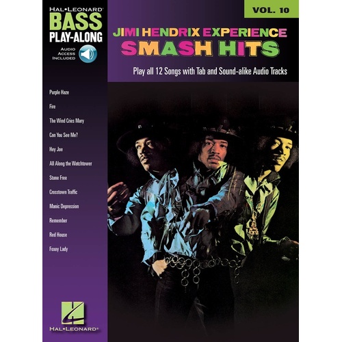 JIMI HENDRIX SMASH HITS Bass Playalong Book with Online Audio Access & TAB Volume 10