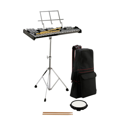 OPUS PERCUSSION Bell Kit with 32-Note Glockenspiel, Stand, Mallets, Sticks, Practice Pad and Carry Bag