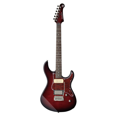 YAMAHA PACIFICA PAC611VFM MODEL ELECTRIC GTR FLAMED MAPLE TOP HUMBUCKER-P90 PICKUPS IN DARK RED BURST VIBRATO BRIDGE