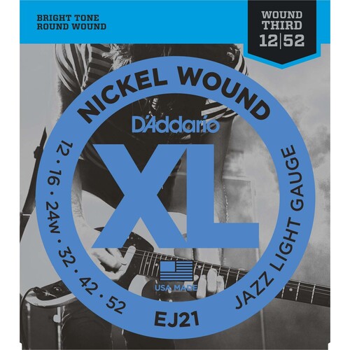 DADDARIO EJ21 XL Electric Guitar String Set 12-52 Nickel in Wound Light Jazz