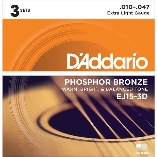 DADDARIO EJ15-3D Acoustic Guitar String Set 10-47 Phosphor Bronze Extra Light 3 Pack