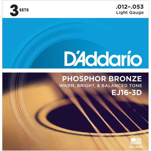 DADDARIO EJ16-3D Acoustic Guitar String Set 12-53 Phosphor Bronze Light 3 Pack
