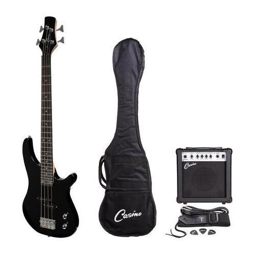 CASINO 24 SERIES 4 String Short Scale Tune-Style Electric Bass Guitar Pack in Black with a 15 Watt Amplifier