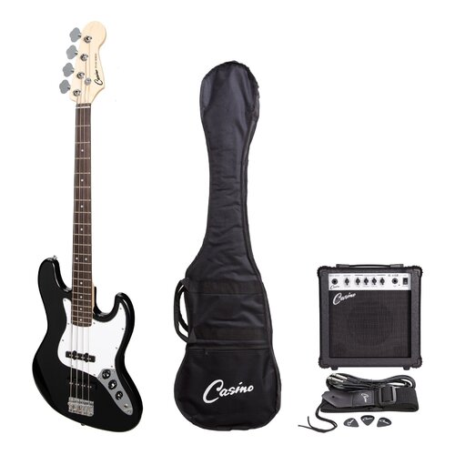 CASINO 4 String Jazz Style Bass Guitar Pack in Black with a 15 Watt Amplifier