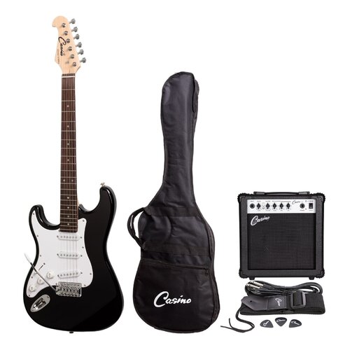 CASINO Left Handed 6 String Strat-Style Electric Guitar Pack in Black with a 15 Watt Amplifier