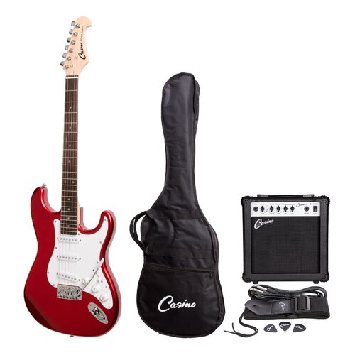 CASINO 6 String Strat-Style Electric Guitar Pack in Transparent Wine Red with a 15 Watt Amplifier